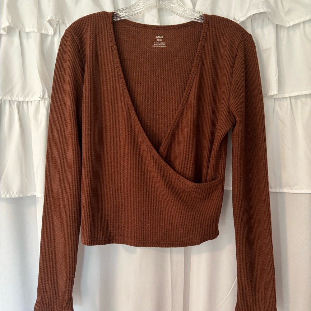 Aerie Brown Long Sleeve Wrap Top New with Tags